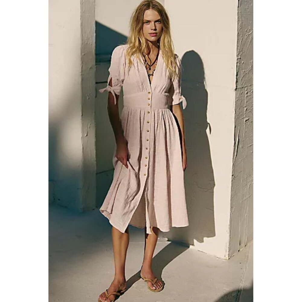 Free People Cream Love of My Life Button Down Apple Bottom Midi Dress Size S